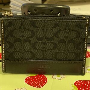 Coach Mini Skinny Card Holder Coin Signature Brown Suede & Canvas W/Key Ring